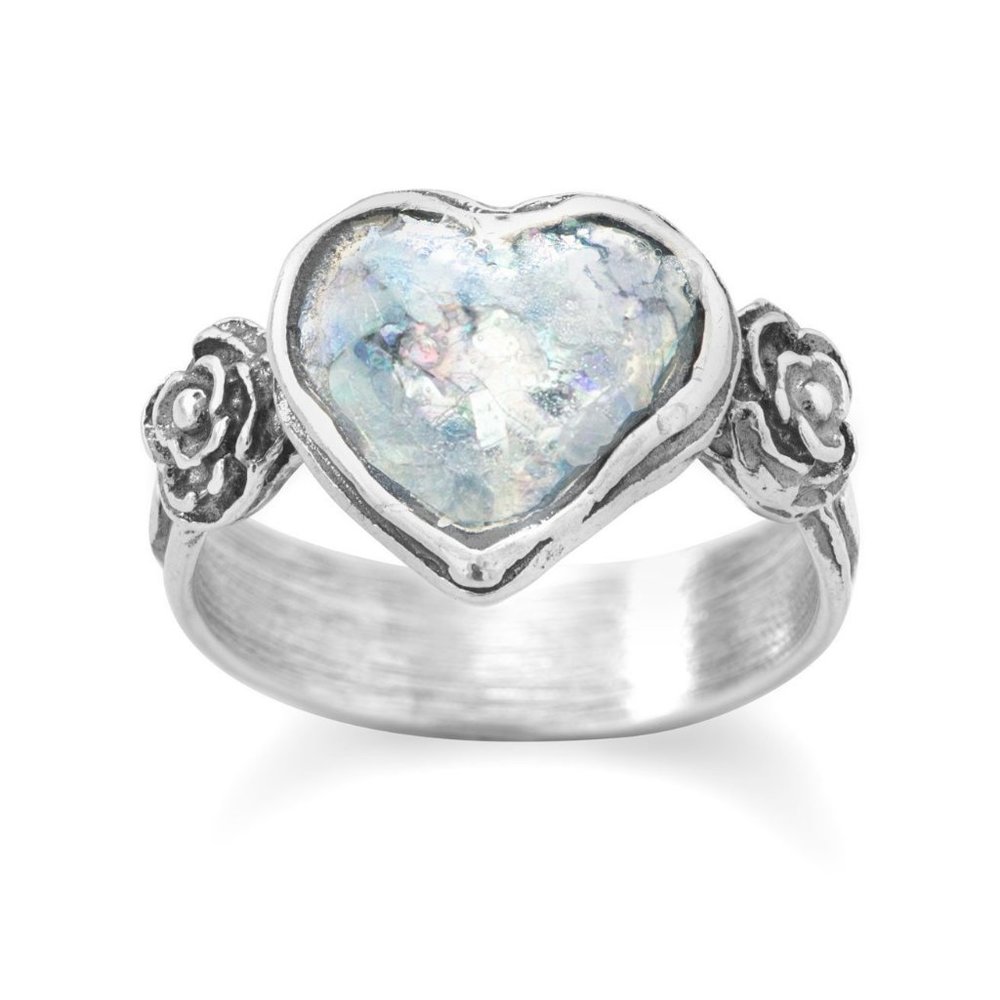 Oxidized Sterling Silver Roman Glass Heart Ring